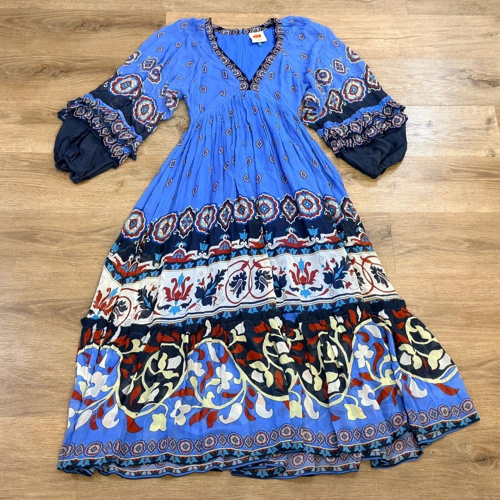 FARM Rio Anika Tiles Long Sleeve Blue Maxi Dress